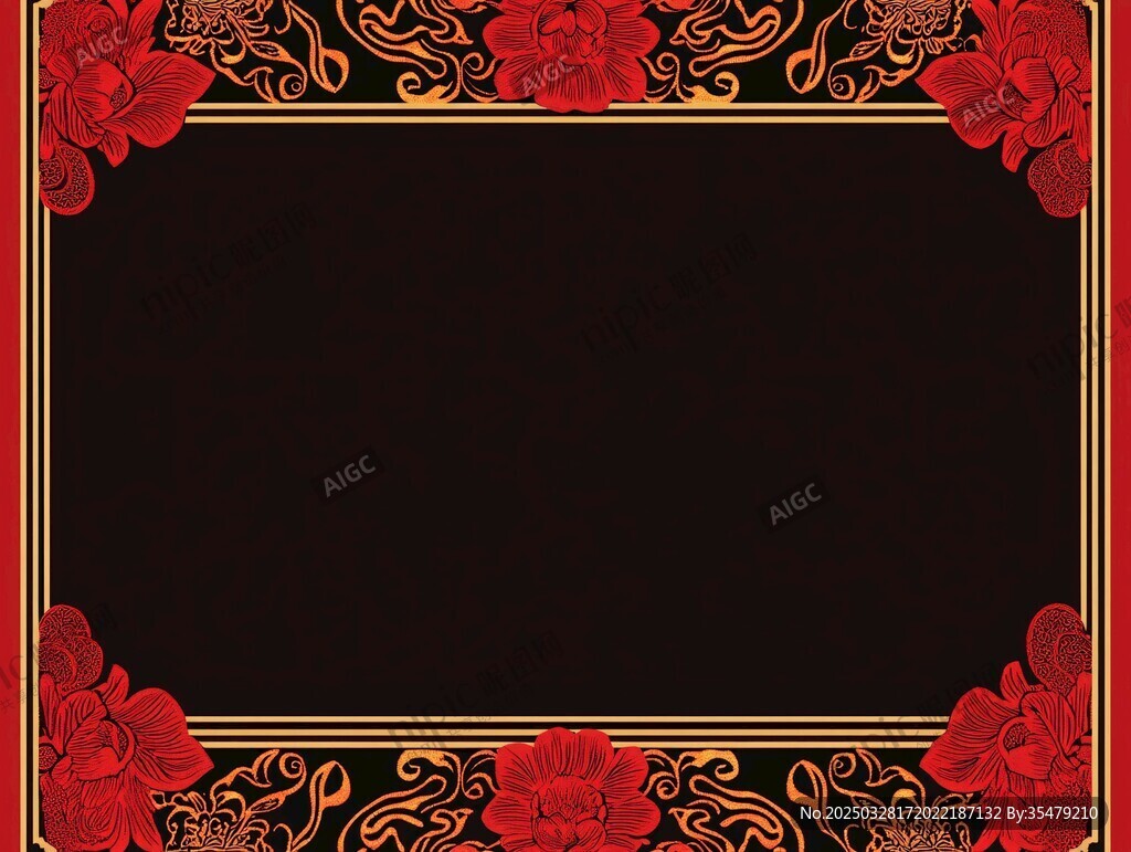 紅金花卉邊框黑色背景圖