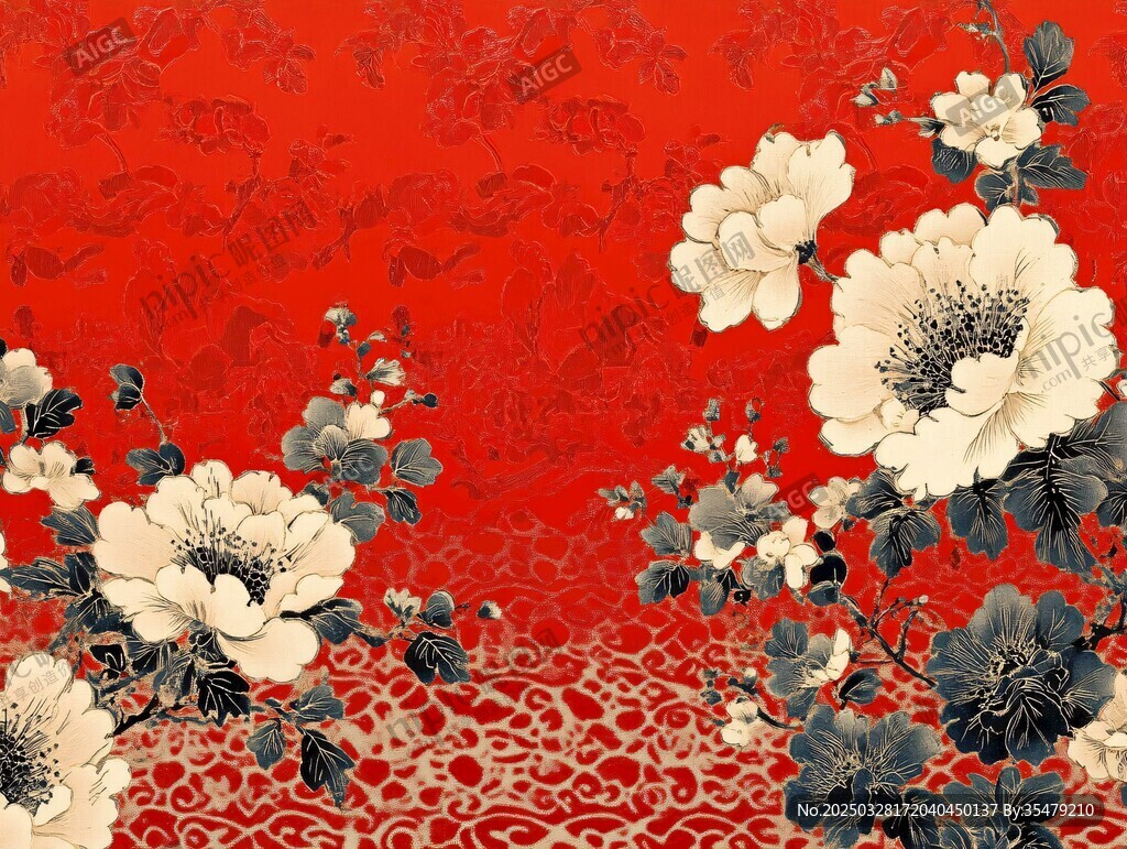 中式紅底花卉精美圖案