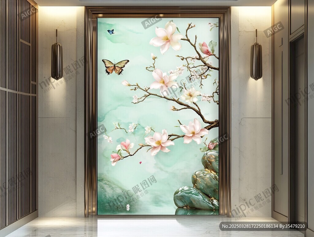 中式玄關花鳥裝飾壁畫