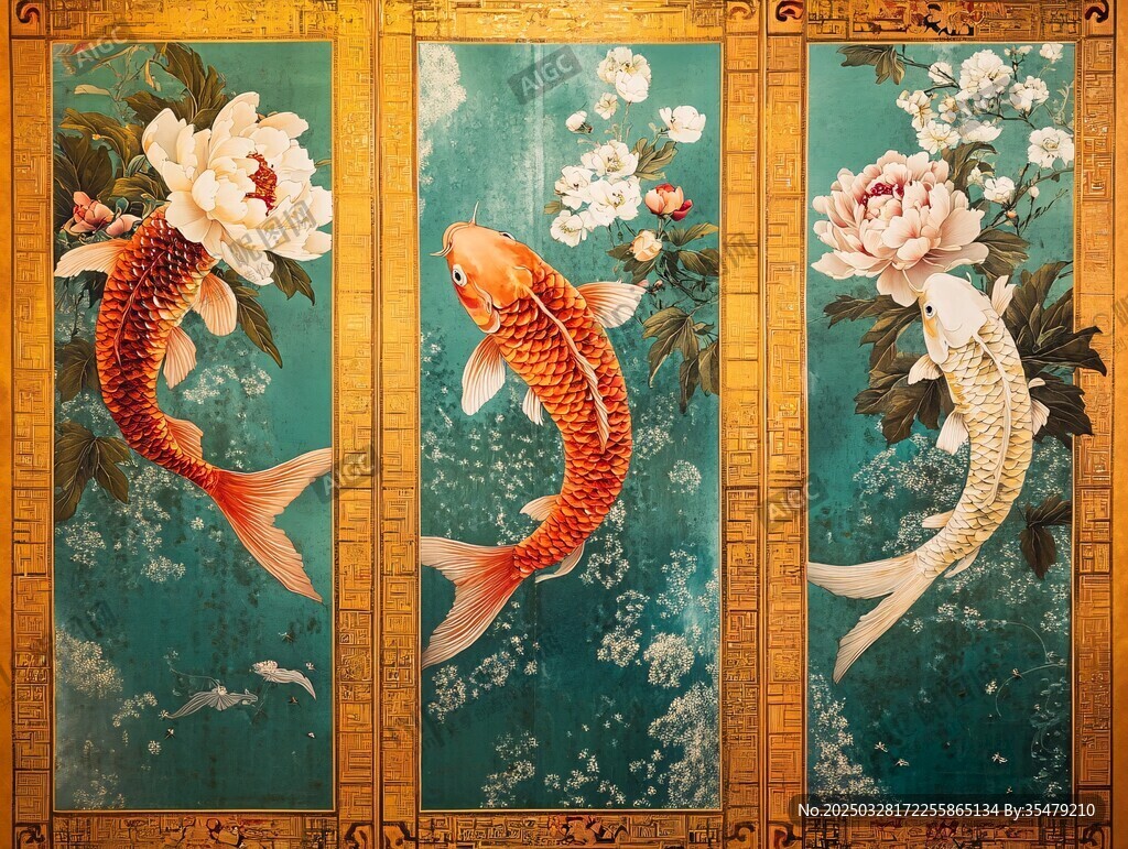 三聯(lián)錦鯉牡丹中式畫作