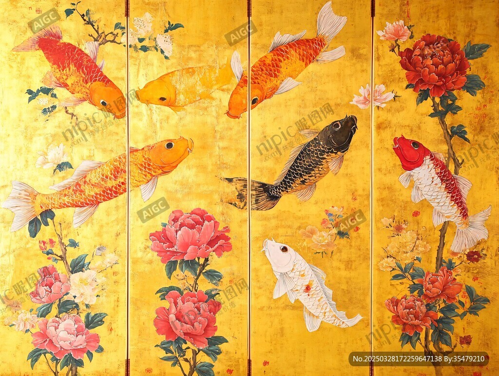 金底錦鯉牡丹中式屏風圖