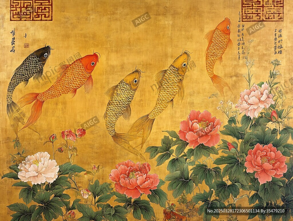 錦鯉戲牡丹中式吉祥圖