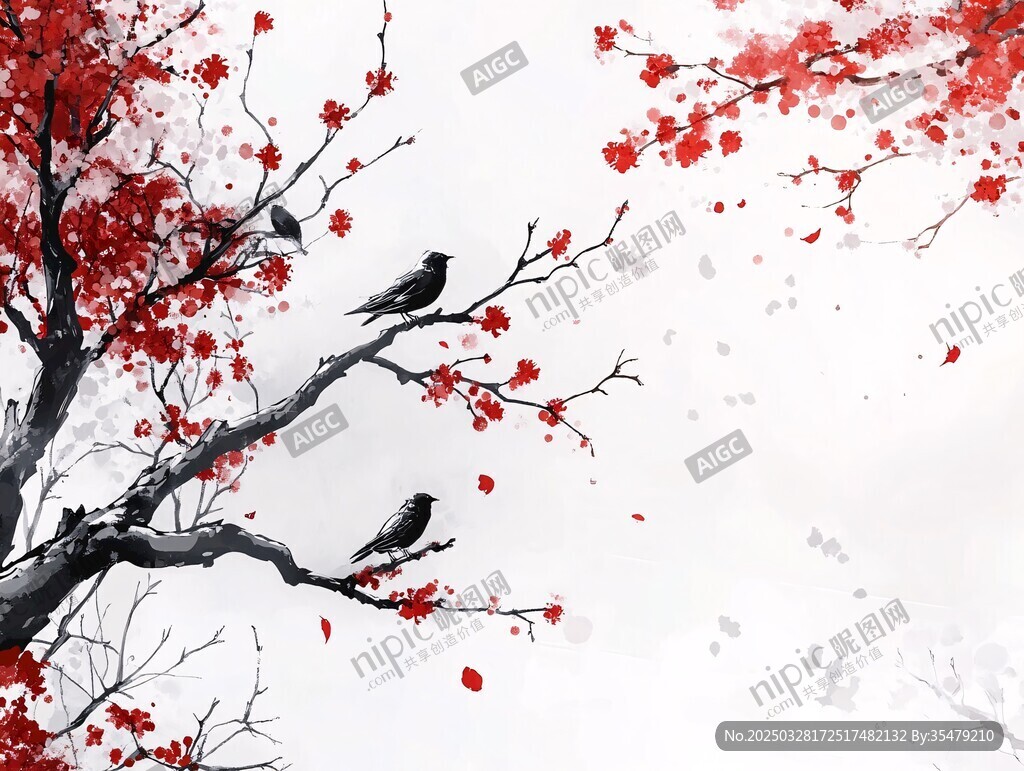紅梅枝頭雙鳥圖