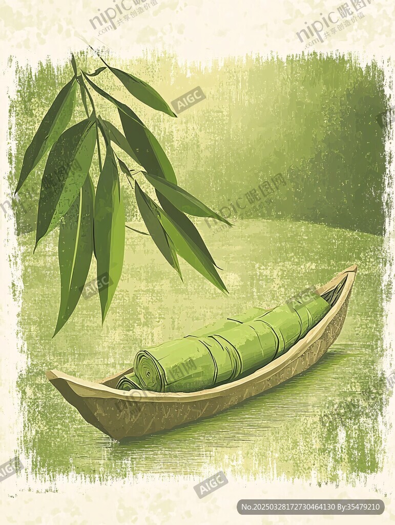 竹舟靜泊于綠意盎然處