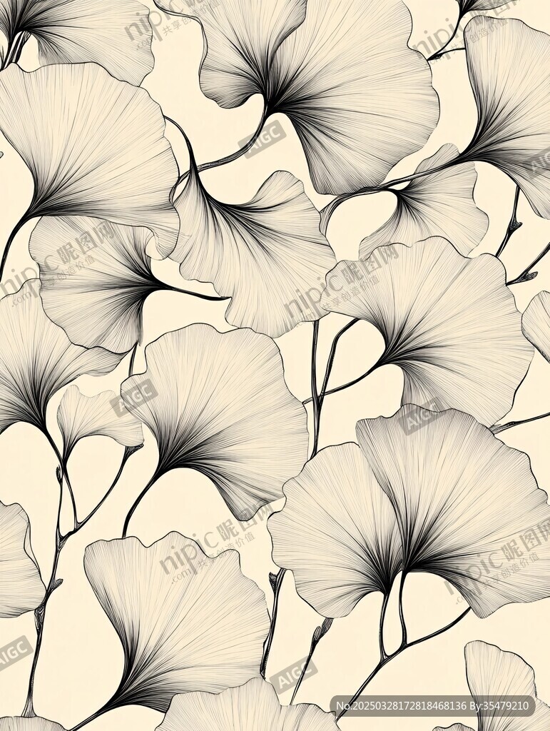 銀杏葉黑白花卉無縫圖案