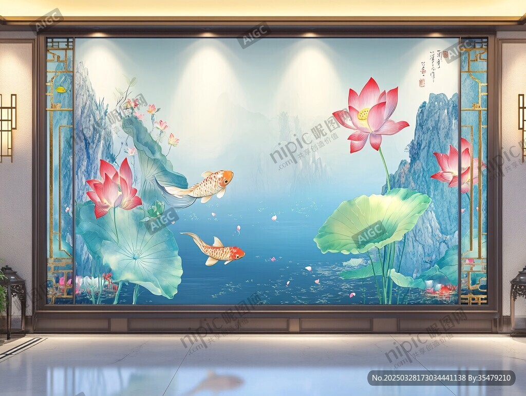 中式荷花錦鯉山水背景墻
