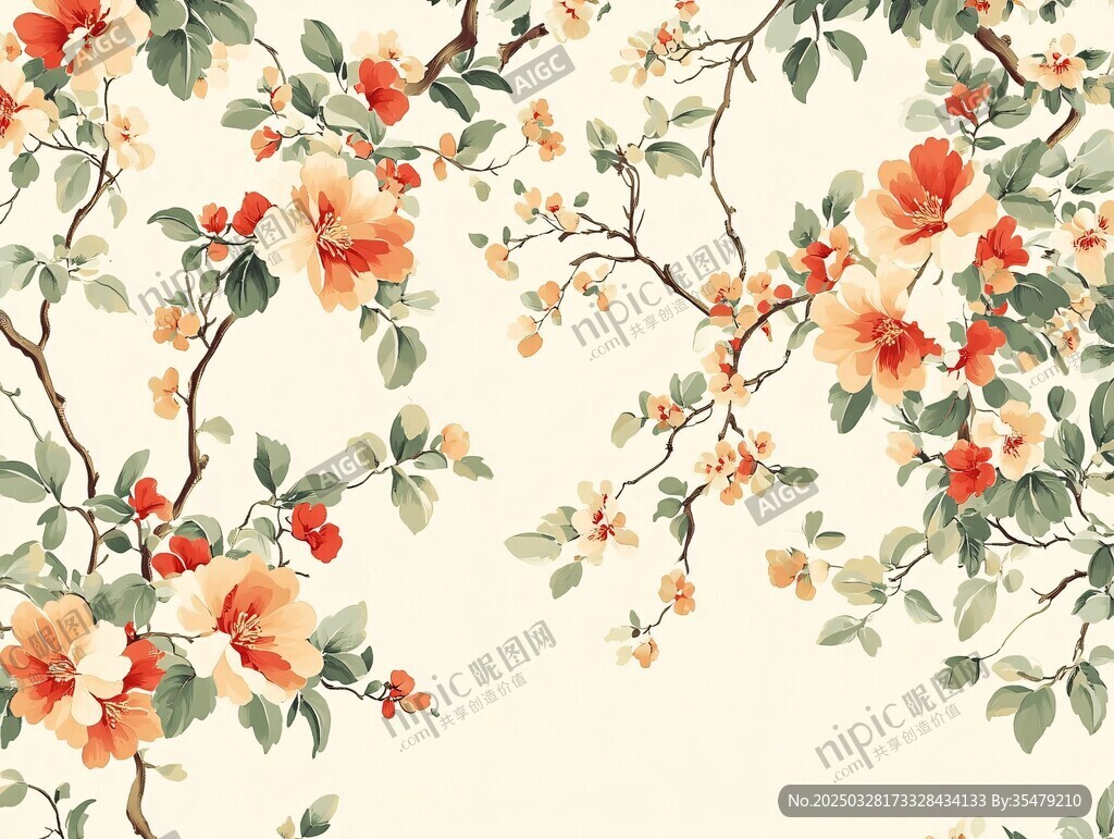 中式花卉圖案的精美壁紙