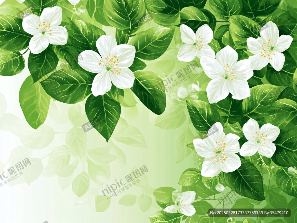 清新茉莉花綠葉背景圖