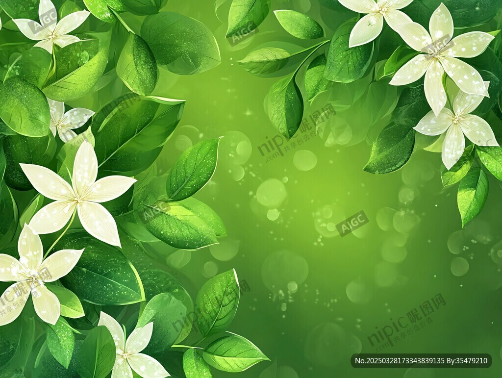 清新綠葉白花背景圖