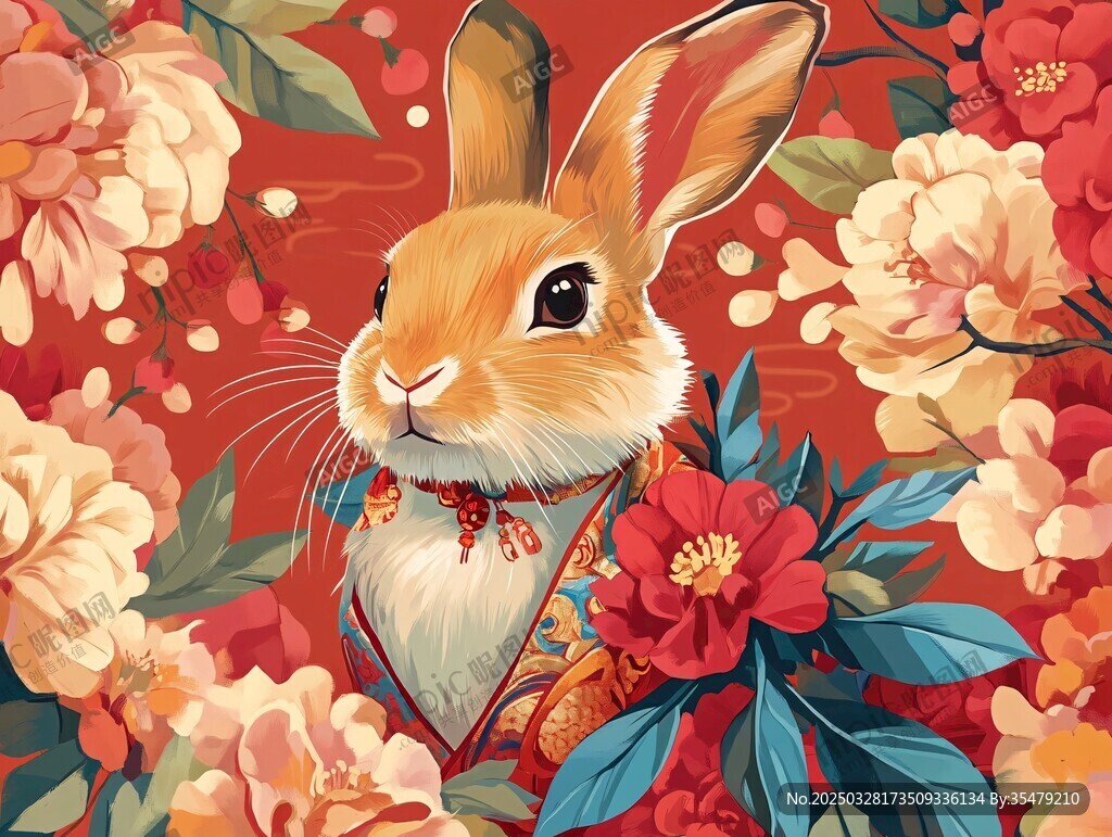 萌兔伴繁花 中式風插畫