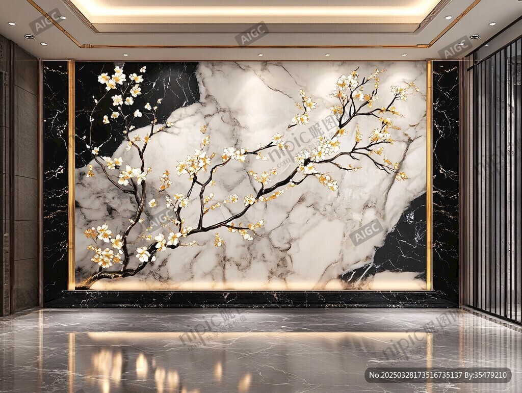 中式大理石梅花背景墻