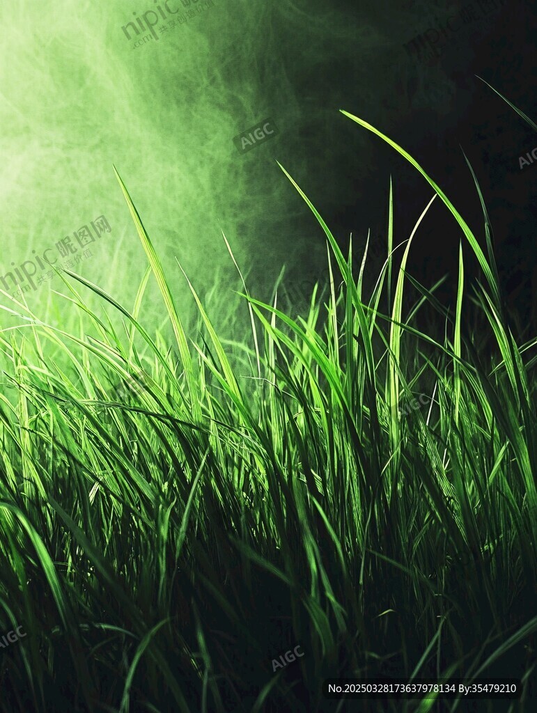 綠光下的清新青草