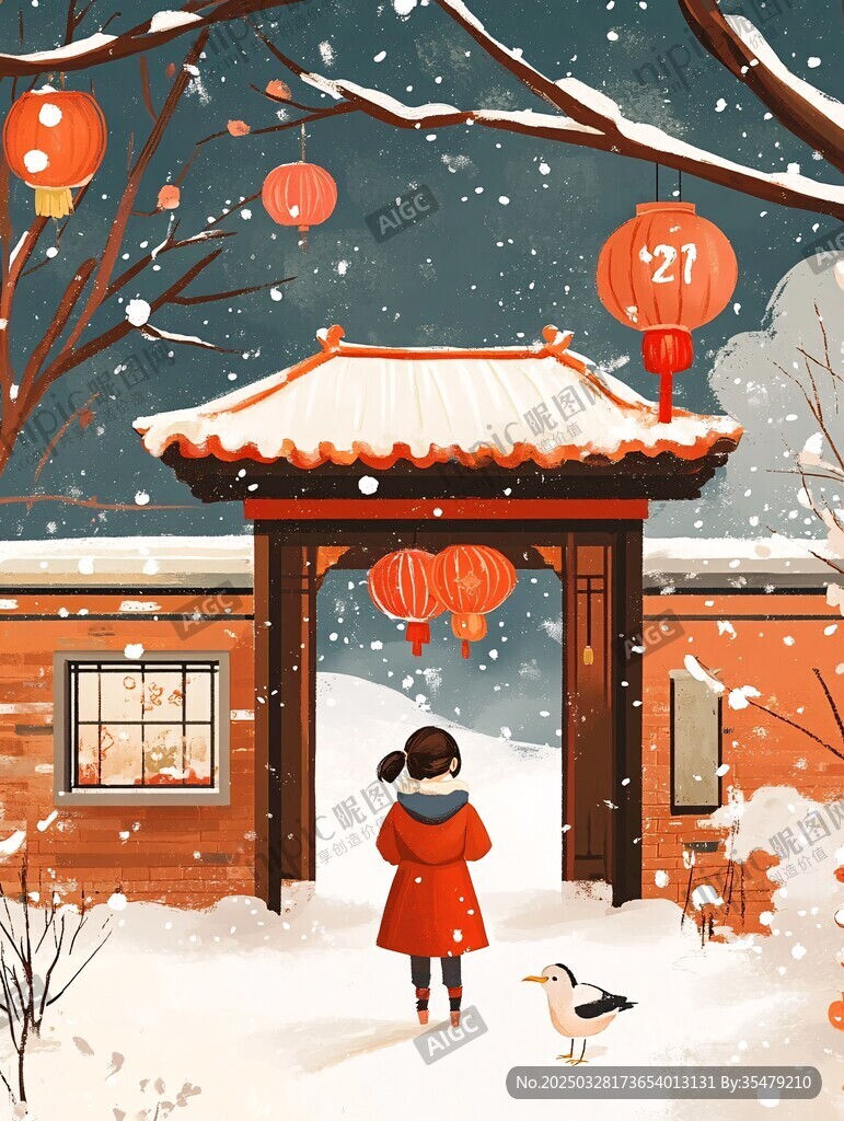 雪天女孩望中式門掛燈籠