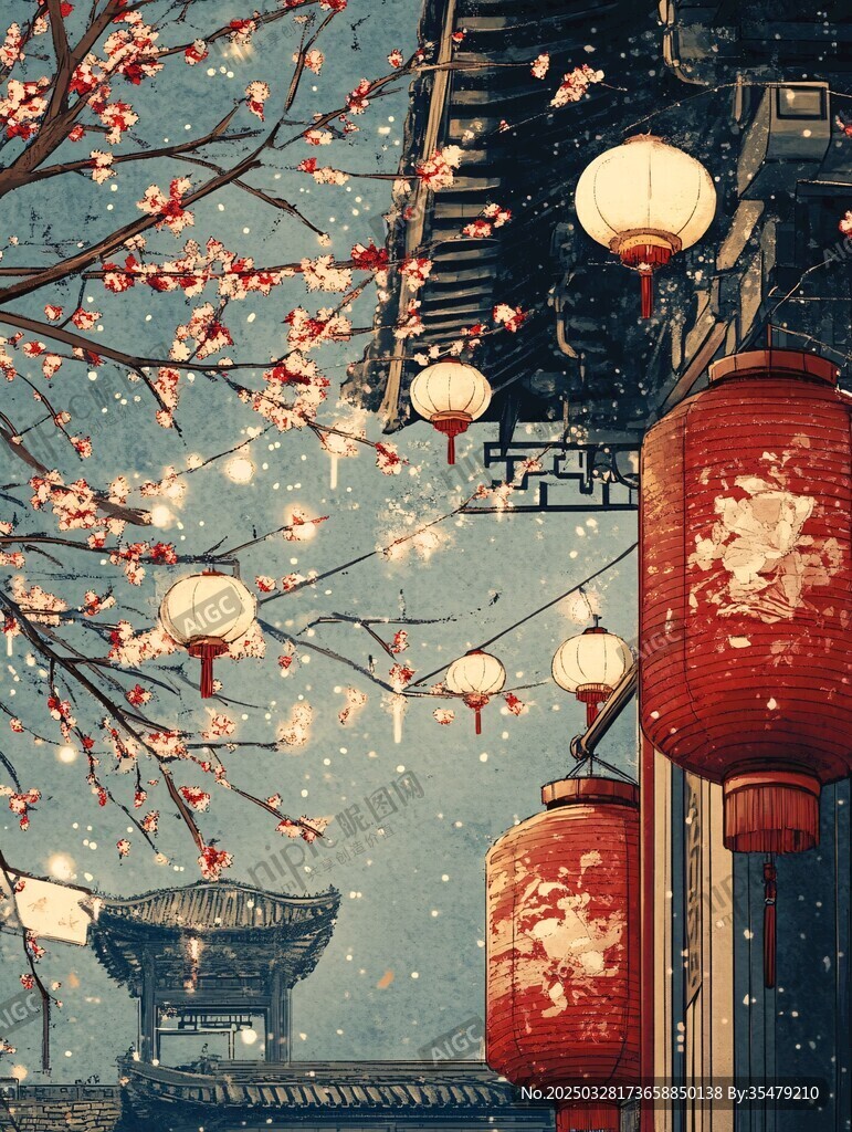 古風(fēng)夜景 燈籠與繁花共綻