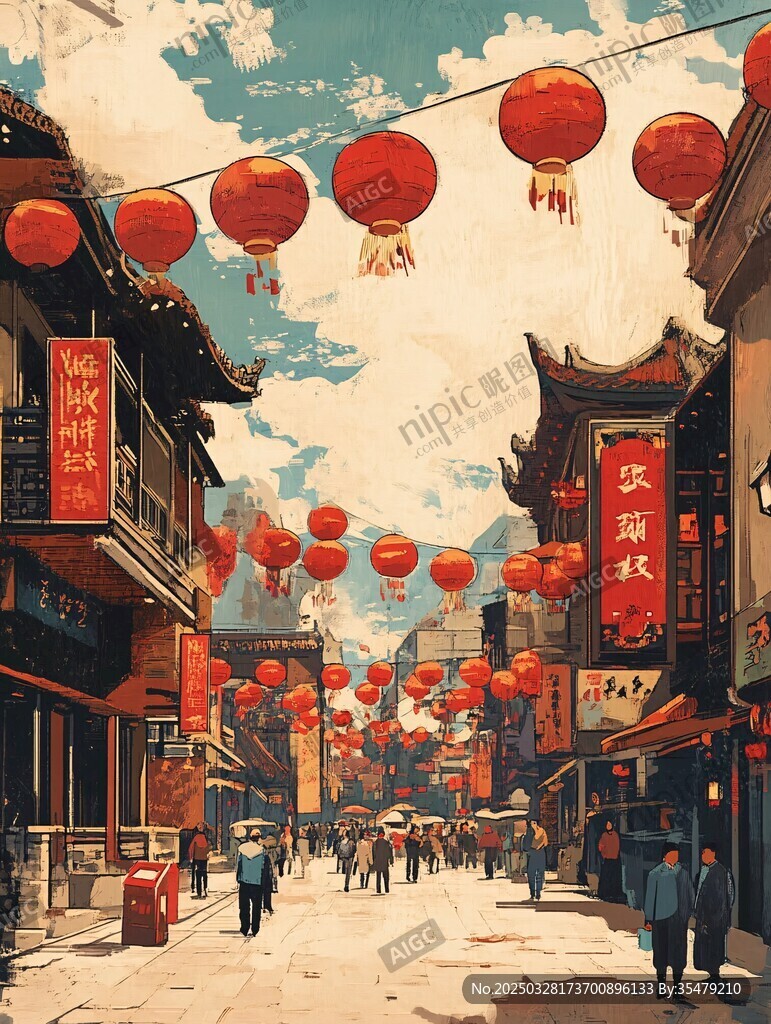 古街紅燈籠下的熱鬧景象