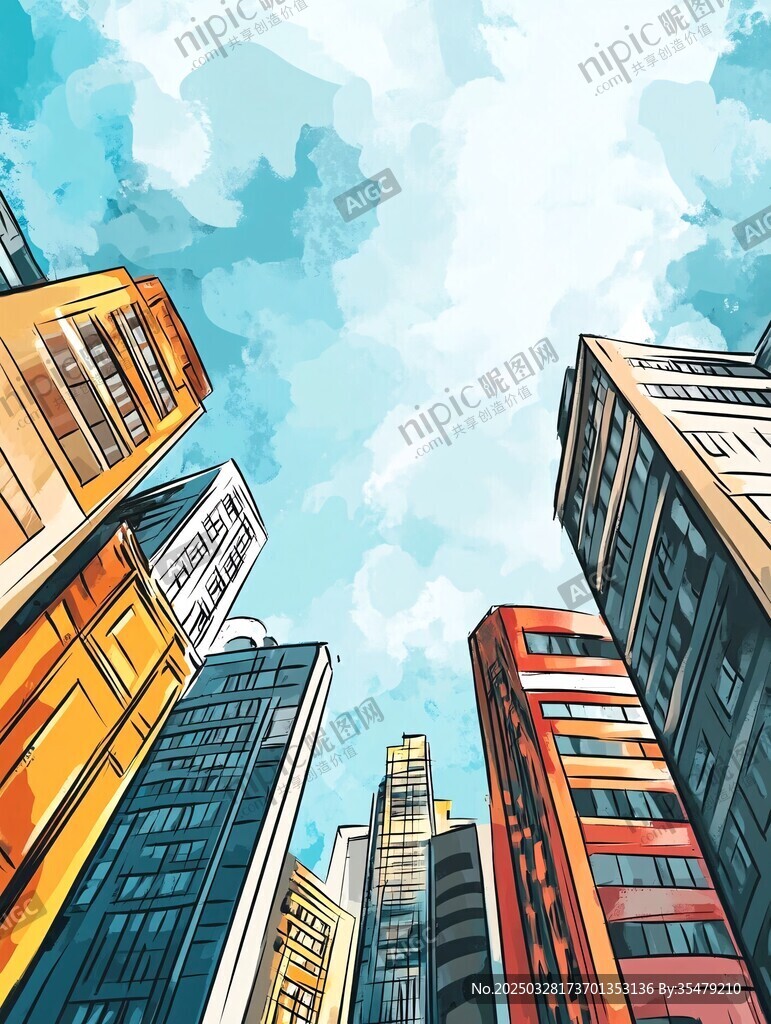 仰望多彩都市高樓景觀