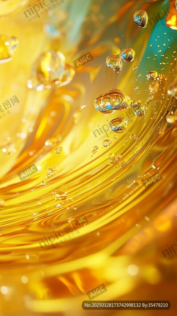 夢幻金色液體中的璀璨氣泡