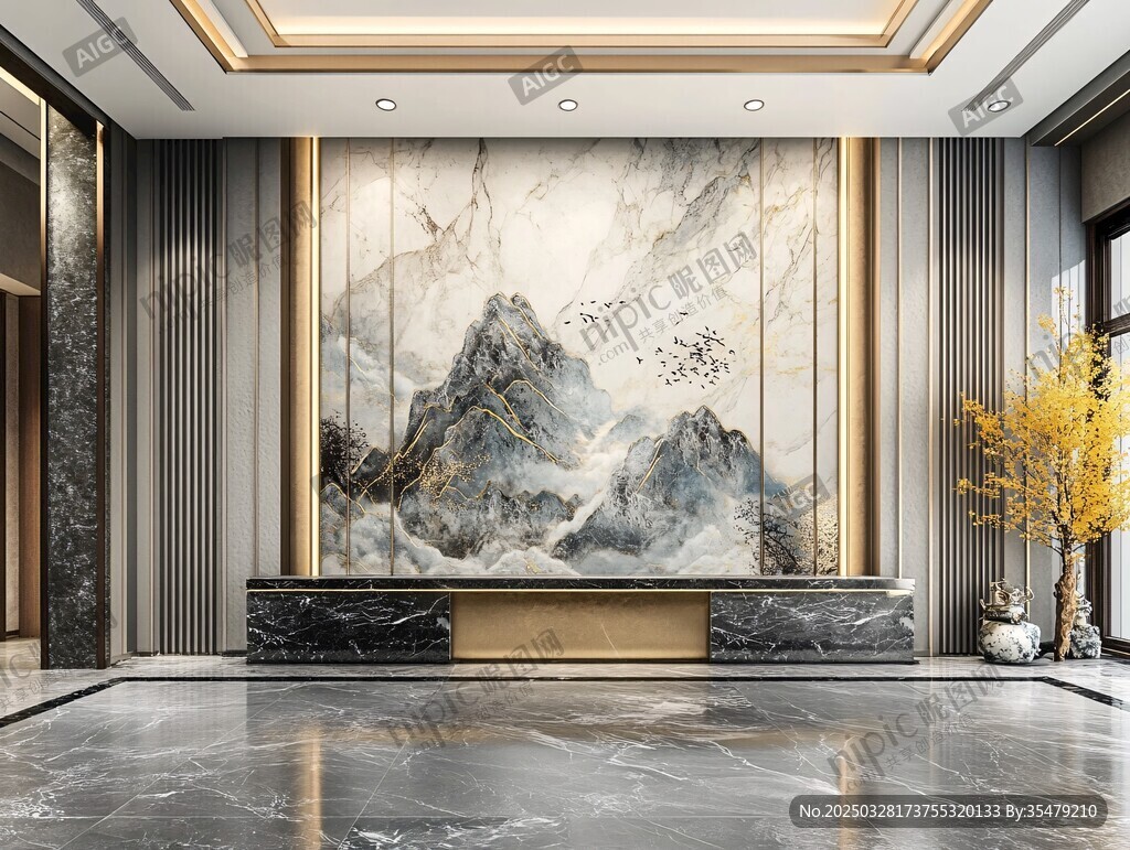 中式大氣客廳山水壁畫背景