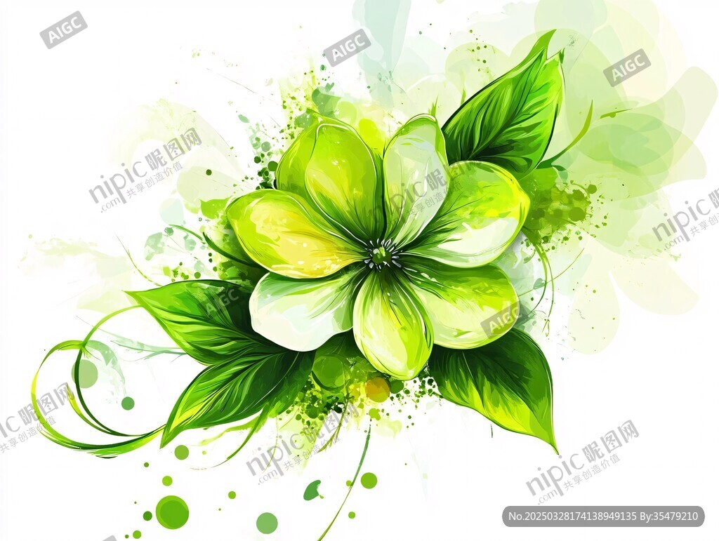 清新綠花水彩插畫