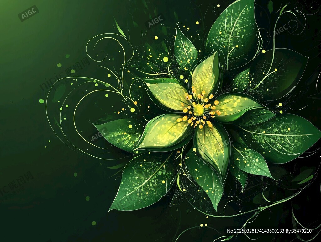 翠綠花卉插畫 靈動自然美