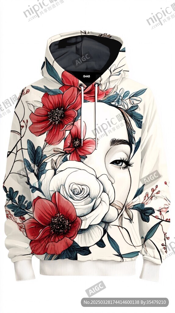 花卉人臉圖案連帽衛(wèi)衣