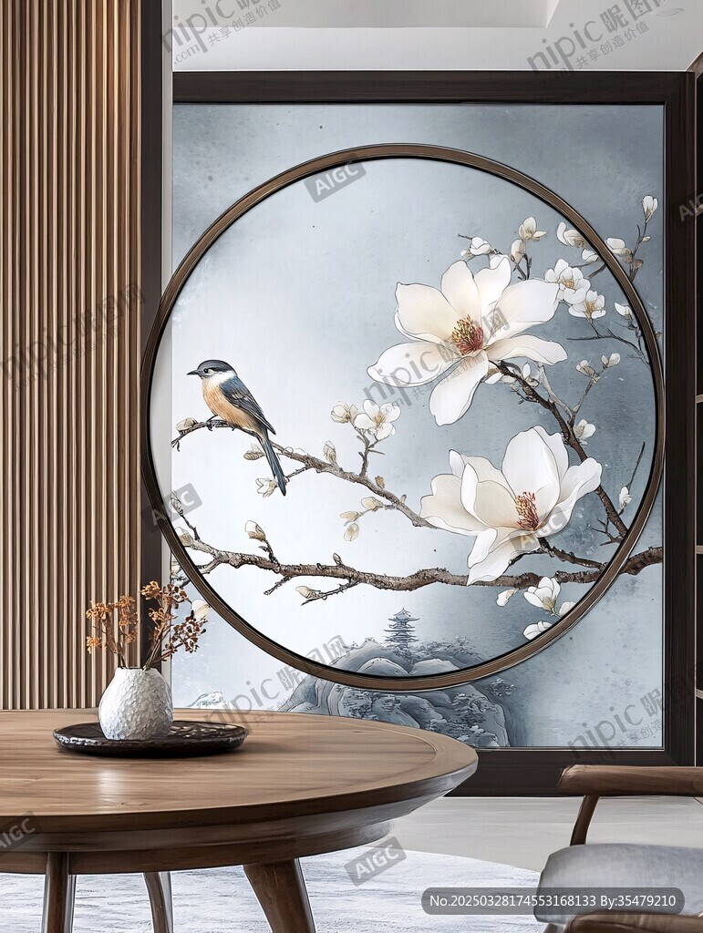 中式圓屏花鳥畫室內景