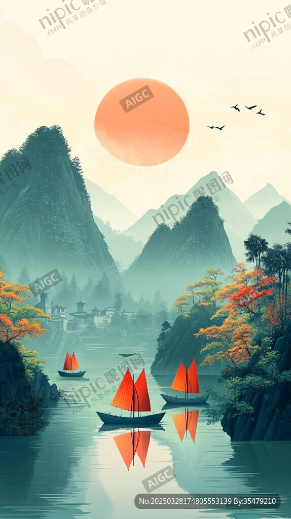 夕陽下的山水行舟圖
