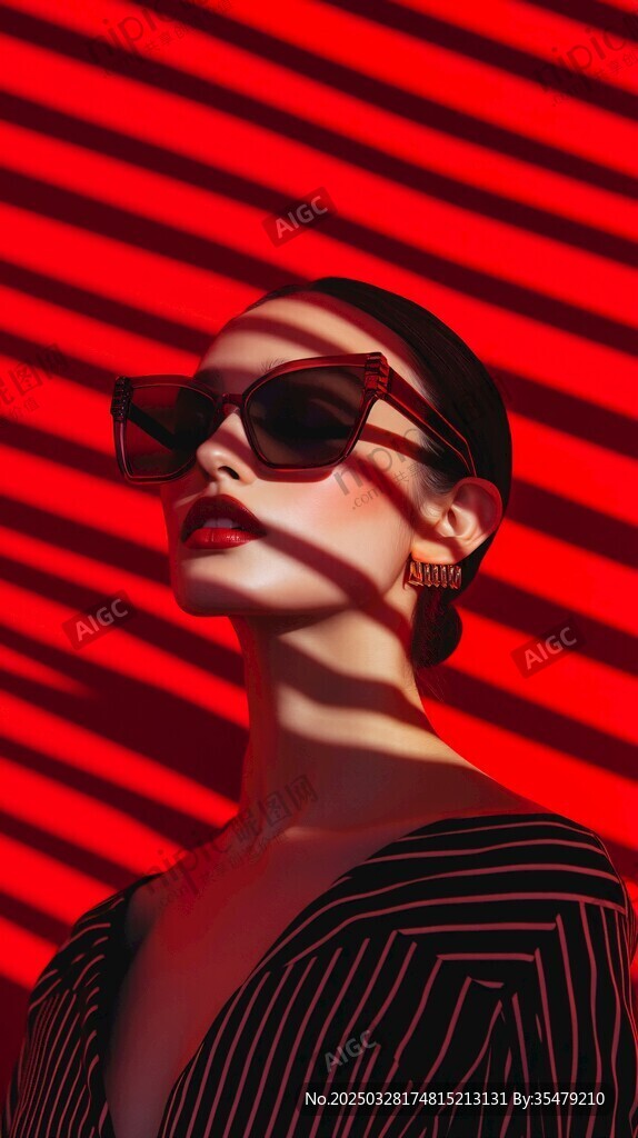 紅影下的時尚墨鏡女郎