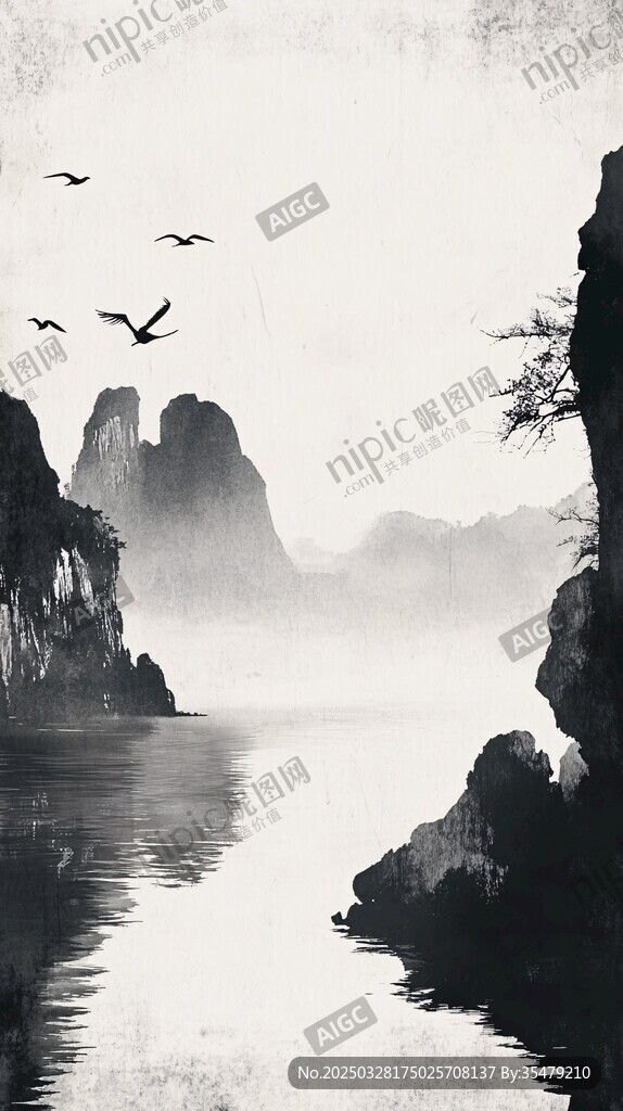 水墨山水間飛鳥翱翔