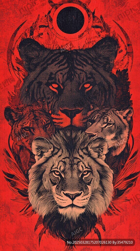猛獸匯聚的神秘紅色圖景