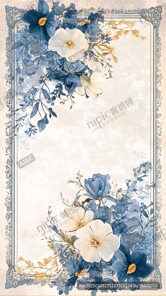 藍(lán)白花卉復(fù)古邊框裝飾圖