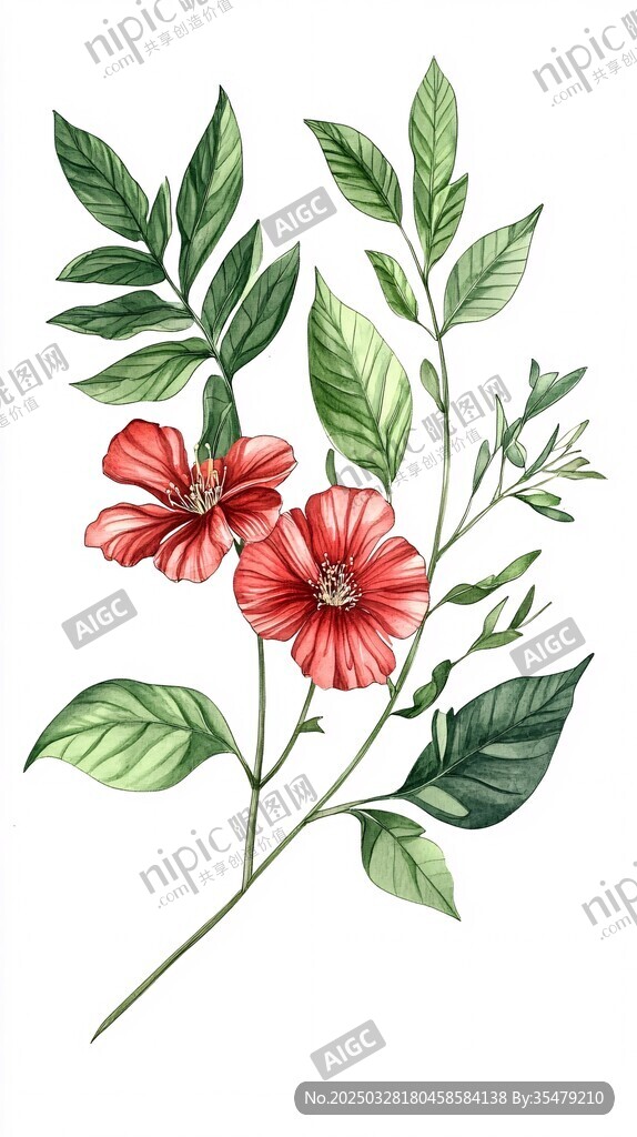紅色花卉綠葉手繪插畫