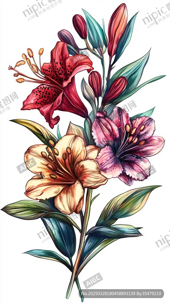 多彩百合花插畫