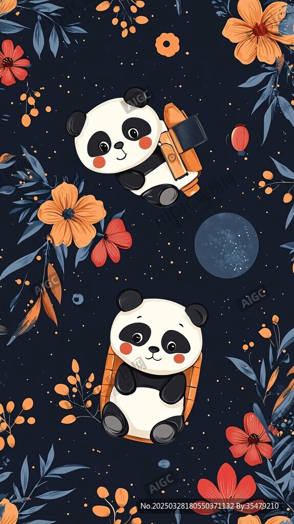 熊貓乘火箭遨游花卉星空