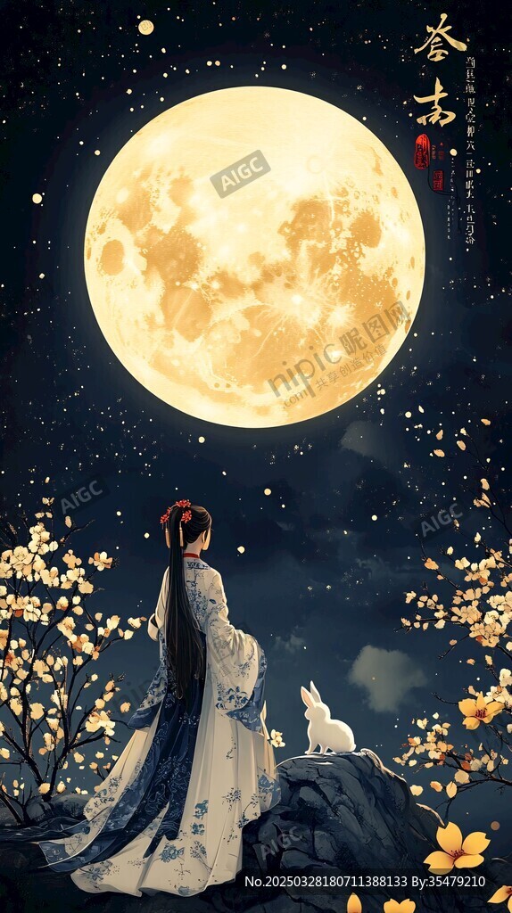 古裝女子伴月賞繁花