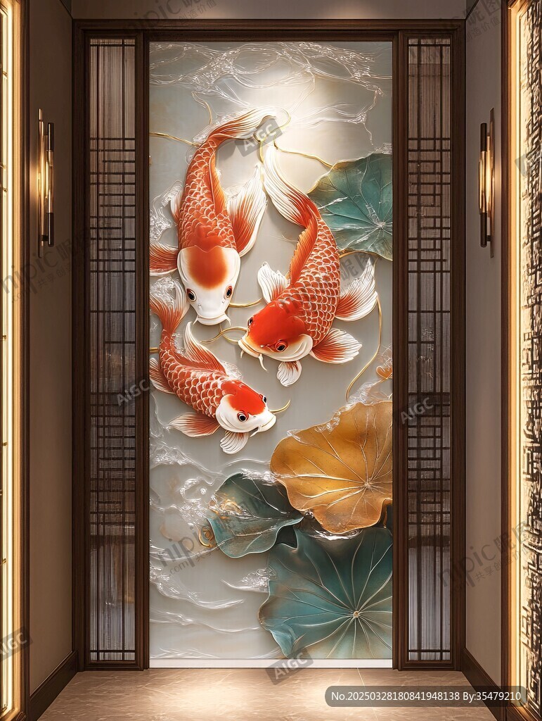 中式玄關(guān)處的錦鯉藝術(shù)壁畫