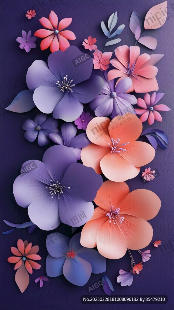 紫色背景立體繽紛花朵圖案