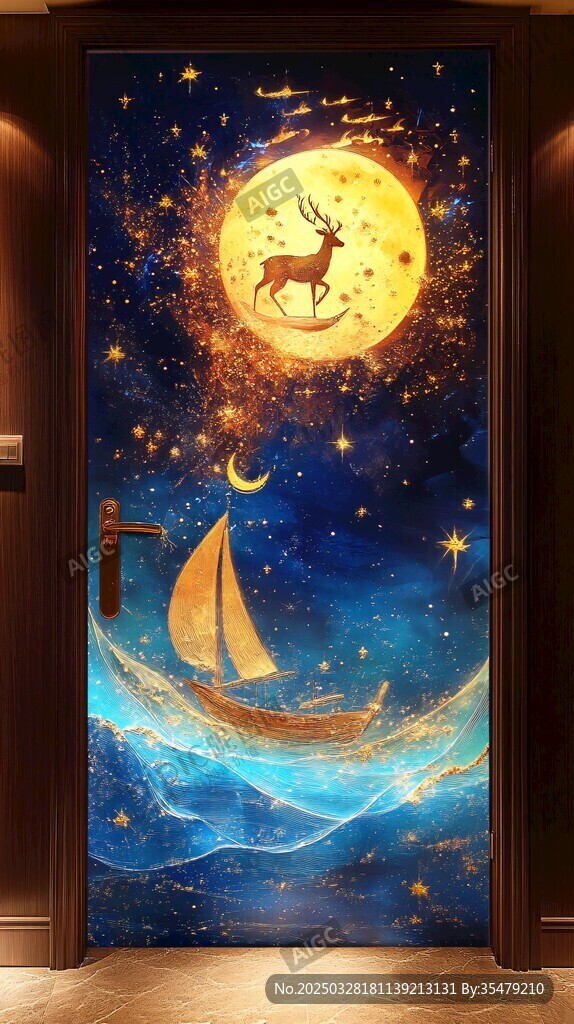 夢幻星空麋鹿帆船門繪