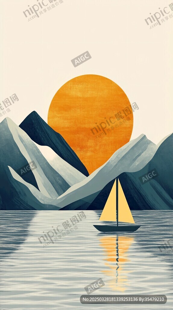 落日下的帆船與山景
