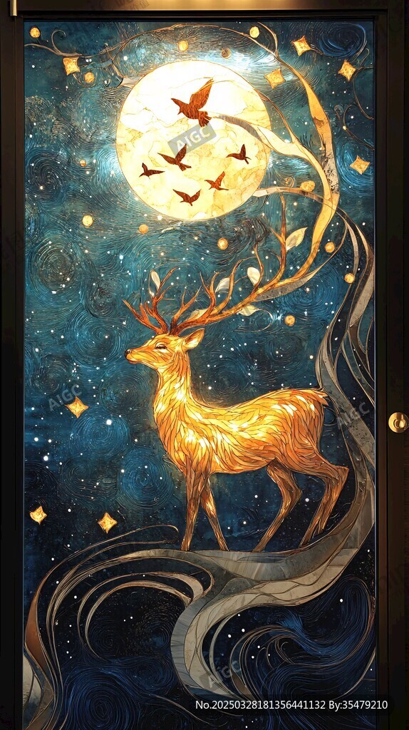 月夜金鹿飛鳥奇幻景象