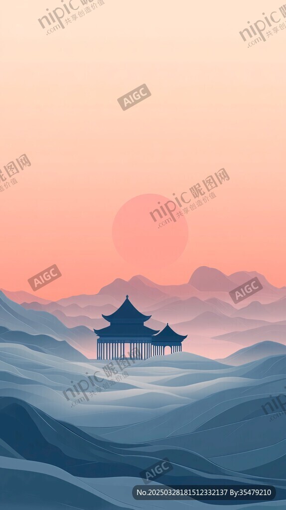 夕陽(yáng)下的中式山水樓閣圖