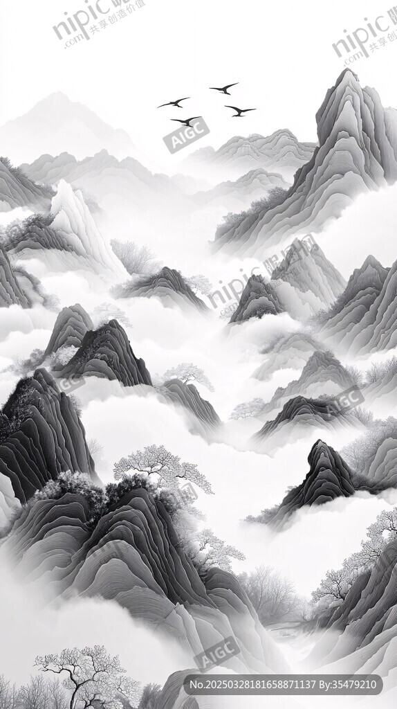 水墨山水間飛鳥越奇峰