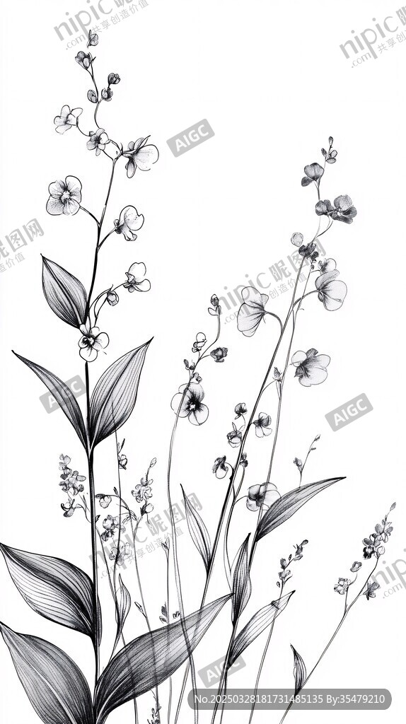 黑白花卉植物線稿插畫