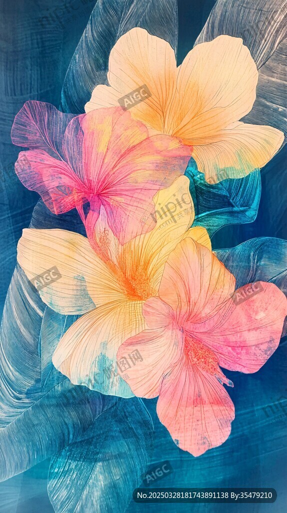 夢幻絢麗的多彩花卉插畫