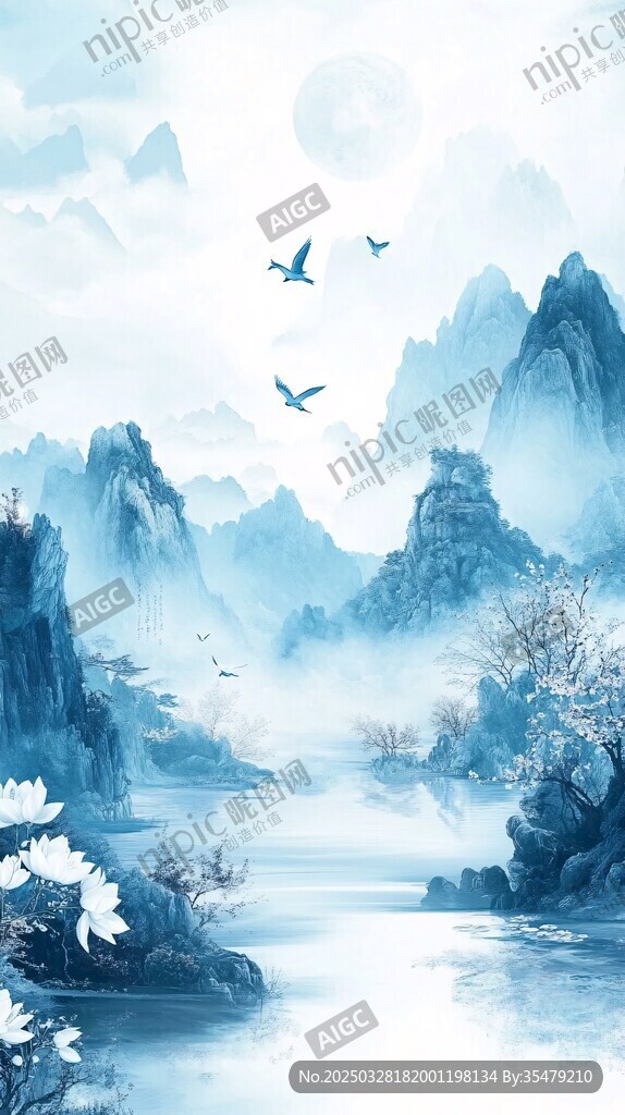 水墨山水間飛鳥(niǎo)伴月景