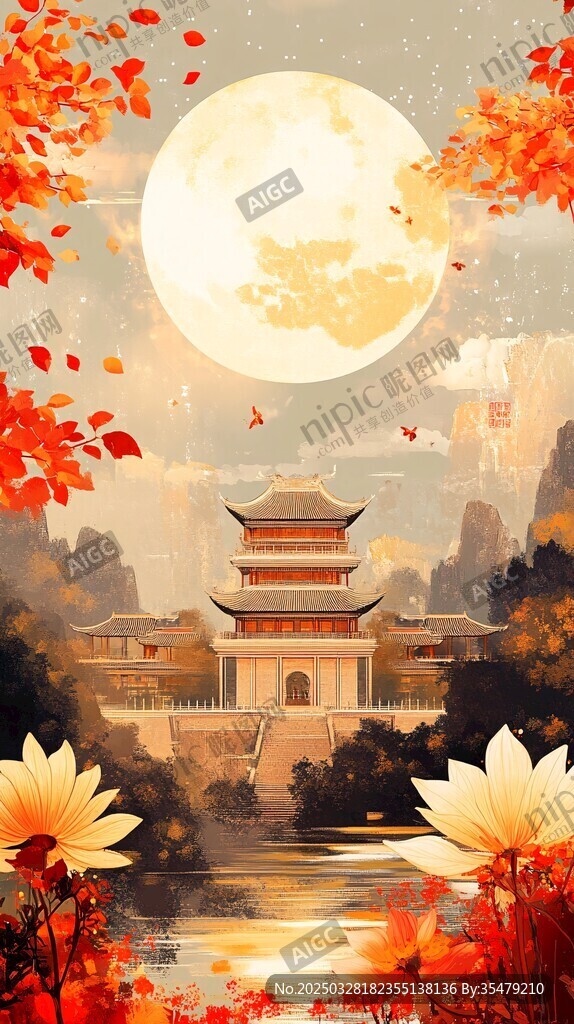 月夜古樓秋景圖