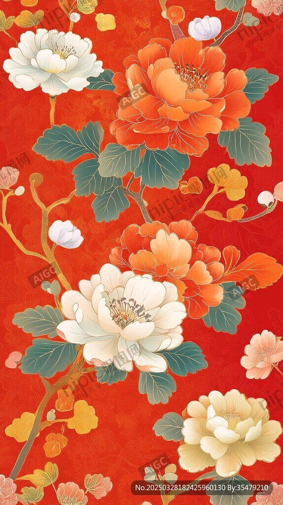 中式紅底花卉傳統(tǒng)圖案