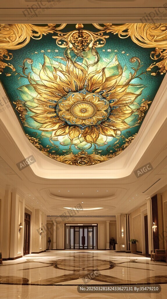 奢華大廳金色花卉天花板