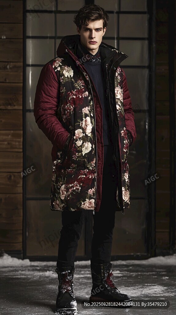 男士長款印花羽絨服穿搭展示