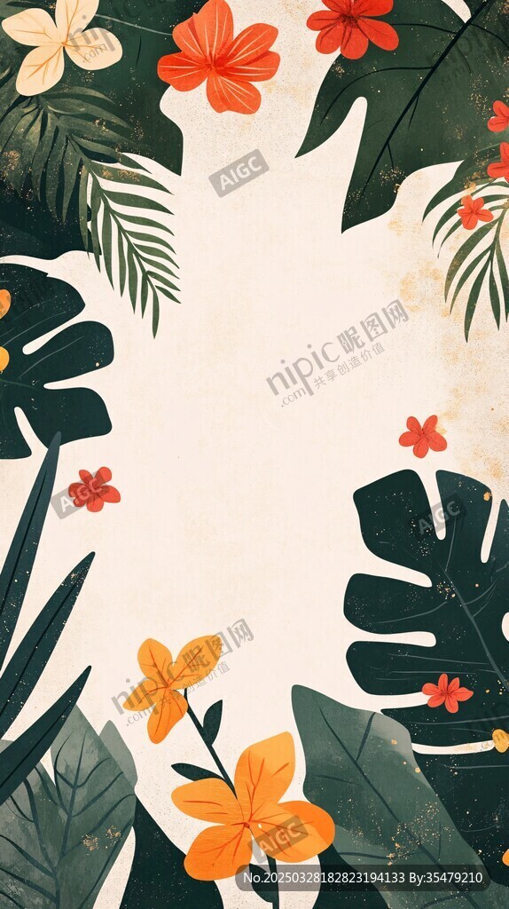 熱帶花卉綠植裝飾背景圖